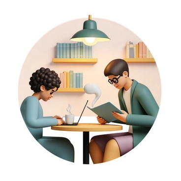 Two students are sitting at a small wooden table in a cozy coffee shop. One student, a young woman with curly black hair, is focused on her laptop, typing intently while wearing a light blue sweater. The other student, a young man with short brown hair, is flipping through a thick textbook, wearing a green jacket and glasses. A steaming mug of coffee sits in front of each of them. The warm light from a nearby lamp casts a soft glow, creating a comfortable atmosphere filled with shelves of books and the subtle scent of coffee.