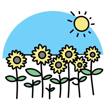 A field filled with bright yellow sunflowers, each flower facing the sun. The sunflowers are swaying gently with the breeze. The sky is clear and blue with a bright sun shining above, casting light over the vibrant scene.