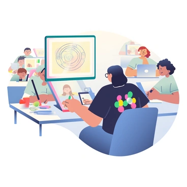 An illustrator with shoulder-length dark hair and glasses is seated at a desk, demonstrating a drawing technique on a tablet. The illustrator is wearing a black t-shirt decorated with colorful art supplies. Surrounding the desk are various art materials, such as colored pencils, sketchbooks, and an assortment of paints. On the screen in front of the illustrator, a digital interface shows the drawing in progress. In the background, various participants are visible, each engaged with their own sketchbooks, following along with concentration. Some participants have their sketchbooks open on tables, while others are focused on their screens, sketching the same drawings as the instructor. Light from the laptop screens creates a warm and inviting atmosphere in the workspace.