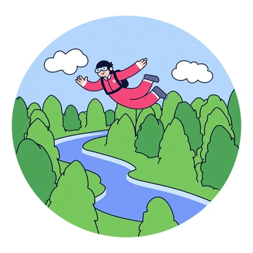 A skydiver in a red jumpsuit and black goggles is floating above a dense, lush forest. Below, the trees are a vibrant green, forming a thick canopy. A clear, winding river can be seen snaking through the trees, reflecting the sunlight. The sky above is bright blue with a few fluffy white clouds scattered across it.