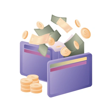 A digital flat illustration of a virtual wallet icon, depicted in a sleek and modern style. The wallet is open, showing a variety of colorful credit cards stacked inside. Above the wallet, there are multiple banknotes in shades of green and yellow flowing into it, creating a sense of movement. The background features a subtle gradient, enhancing the focus on the wallet and the cash. Symbols of digital transactions and coins in gold color are scattered around the wallet, emphasizing the theme of finance and digital money management.