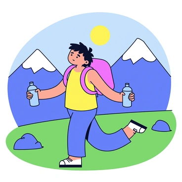 A hiker wearing a bright red backpack and a yellow tank top is performing lateral raises with two blue water bottles in hand. The hiker is positioned in a green grassy area with a rocky terrain. In the background, there are tall, snow-capped mountains under a clear blue sky. The sun is shining brightly, casting soft shadows on the ground. The hiker has a focused expression while maintaining a steady stance.
