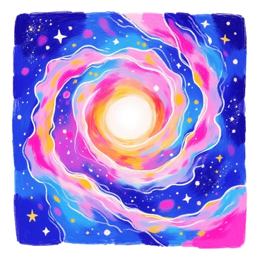 A cosmic whirlpool spirals inward, showcasing vibrant colors of deep blues, purples, and bright pinks. Twinkling stars are scattered throughout, illuminating the flowing tendrils of cosmic dust and gas. The center of the whirlpool glows with a brilliant white light, drawing the eye towards its depth. The swirling patterns of the galaxy create a sense of movement and energy, while waves of color blend seamlessly into one another.