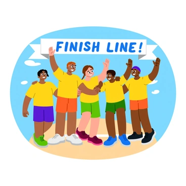 A group of five runners wearing bright yellow jerseys stands together, smiling and raising their arms in celebration. Each runner has a different skin tone and hair color, showcasing diversity. They are surrounded by a clear blue sky, and a banner in the background reads “Finish Line!” in bold letters. The ground beneath them is a light brown track, and the atmosphere is filled with enthusiasm as they share their joy after completing the race.