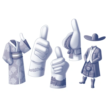 A collection of thumbs, each adorned in traditional attire representing different cultures from around the world. One thumb is dressed in a colorful kimono, showcasing intricate floral patterns and a wide obi belt. Another thumb features a vibrant Indian kurta with detailed embroidery and a matching scarf draped over it. A third thumb displays a Scottish kilt with distinctive plaid patterns and a sporran, complete with a formal white shirt. Additionally, a thumb is shown in a Mexican charro outfit, complete with a sombrero and decorative stitching. Each thumb is positioned against a clean background to emphasize the unique garments.