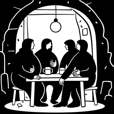 A group of cloaked figures huddled together at a wooden table in a dimly lit tavern. The flickering light from a nearby candle casts shadows on the walls, enhancing the secrecy of the gathering. One figure leans in closer, with a hand placed on the table, while another gestures discreetly with their gloved hand. Beer mugs sit on the table, some half-full, and a few scattered parchment sheets are visible, hinting at a confidential discussion. The atmosphere is thick with intrigue, creating a sense of tension in the air.