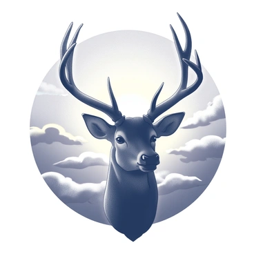 A silhouette of a deer's head is prominently displayed. The deer's antlers are beautifully branched and symmetrical. The background features a sky that transitions from dark to light, showcasing a range of gradients and shapes that suggest the dynamic movement of a sunset. The outlines of clouds can be seen gently drifting in this backdrop, enhancing the overall composition.