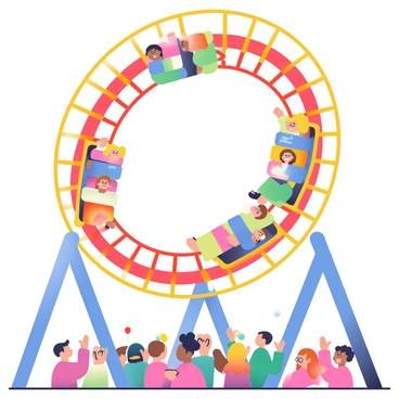 A vibrant roller coaster is performing a loop in the air. The structure of the coaster is painted in bright colors, with red and yellow tracks curving elegantly. Excited passengers, with their arms raised and expressions of joy, are seated in the coaster cars. The riders have a mix of hair colors, including blonde, brown, and black, and they are wearing various casual clothing. Below, there is a crowd of spectators cheering, some holding balloons and others capturing the moment with cameras. The scene is lively and full of energy.