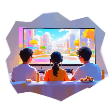 A group of three gamers is gathered around a large screen, their faces illuminated by its bright light. They feature a young man with short brown hair, a woman with curly black hair tied in a ponytail, and another young man with glasses and messy hair. Each of them has a gaming controller in hand, and they display expressions of concentration and frustration. Surrounding them are snacks and energy drinks on a table, contributing to the atmosphere of an intense gaming session. The large screen displays a vivid virtual world filled with colorful landscapes, intricate buildings, and a challenging in-game deadlock that they are striving to overcome.