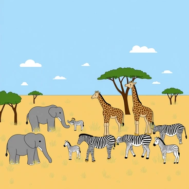 A vast savanna landscape under a bright blue sky with a few fluffy white clouds scattered throughout. In the foreground, a group of elephants with large ears and gray skin are grazing on tall green grass. Nearby, two tall giraffes with distinctive long necks and spotted brown coats are reaching for leaves from the tops of acacia trees. A herd of zebras with black and white stripes is also present, some grazing while others are playfully interacting with each other. The ground is covered in golden grass and dotted with small bushes, creating a vibrant scene of wildlife in their natural habitat.