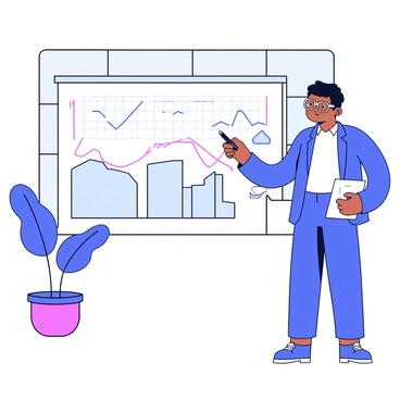 An economist stands in front of a large interactive display filled with various graphs. The display shows rising and falling lines representing economic data trends. The economist is wearing smart glasses and has a notepad in hand for taking notes. The background consists of a minimalist office space with a few potted plants and a large window allowing natural light to fill the room. The economist appears focused, pointing at the most significant graph with a pen.