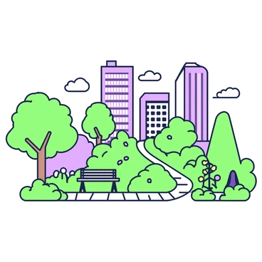 A series of lush urban gardens are situated between towering skyscrapers in a modern capital city. The gardens feature vibrant green plants, including various trees and flowering bushes, creating a natural oasis amidst the towering buildings. There are winding pathways made of stones that invite visitors to explore the greenery. In the foreground, a bench made of wood is positioned under a tree, providing a place for relaxation. Nearby, a small water fountain adds a soothing element to the scene. The sky is clear, allowing sunlight to illuminate the gardens and the surrounding urban landscape.