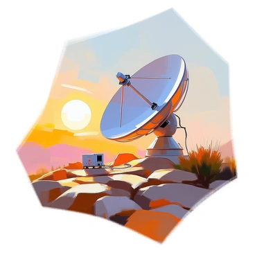 A large satellite dish is prominently positioned in a rugged, remote landscape, surrounded by sparse vegetation and rocky terrain. The dish is angled upwards, actively rotating to maintain alignment with an invisible signal source in the sky. The sun is setting in the background, casting warm golden light that enhances the dish's metallic surface. Below the dish, a small control unit is visible, with cables extending from it towards the dish. The scene conveys a sense of isolation and advanced technology in a natural setting.