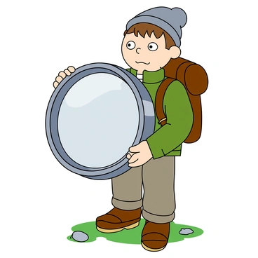 A round, metallic compass with a glass cover, prominently showcasing the empty space where the needle should be. The compass is held by a traveler with light skin, wearing a brown backpack and a green jacket. The traveler has a puzzled expression, with wide eyes and slightly furrowed brows, hinting at their lost state. They have short, tousled brown hair peeking out from under a gray beanie. The background features a hint of tall trees and a rocky path, indicating they are in a forested area. The traveler is standing on a patch of green grass that contrasts with a few scattered pebbles around them.