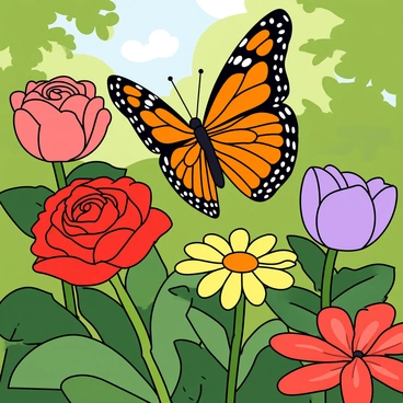 A colorful butterfly with bright orange and black wings is fluttering delicately among a variety of flowers in a vibrant garden. The flowers include large red roses, cheerful yellow daisies, and lavender tulips, all in full bloom. Green leaves surround the flowers, creating a lush backdrop. The butterfly's wings are open wide, showcasing intricate patterns. Sunlight filters through the leaves, casting playful shadows on the ground below.