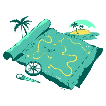 A duotone illustration of a pirate map with intricate drawings and symbols. The map is depicted in shades of teal and yellow, showing winding paths, marked locations, and a large "X" indicating the spot of hidden treasure. Surrounding the map, there are images of palm trees and a distant tropical island with sandy beaches. An old compass is placed near the corner of the map, adding to the adventurous theme. The edges of the map are torn, giving it an ancient look, while small waves are illustrated around the island, creating a sense of adventure and discovery.