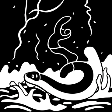 An eel twisting and turning in turbulent waters, showcasing its elongated body. The waters are choppy, with waves cresting and crashing around it. Above, bright flashes of lightning illuminate the scene, creating a stark contrast with the darkness of the stormy sky. The turbulent environment adds dynamic movement to the image, emphasizing the eel's agility in navigating the chaos.