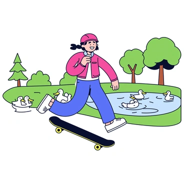 A longboarder with a sleek black longboard is carving through a city park. The longboarder wears a bright red helmet and protective pads. In the background, there is a tranquil pond where several ducks are swimming, creating ripples on the water's surface. The park has green grass and a few trees providing shade. The sky is clear, making for a bright and sunny day.