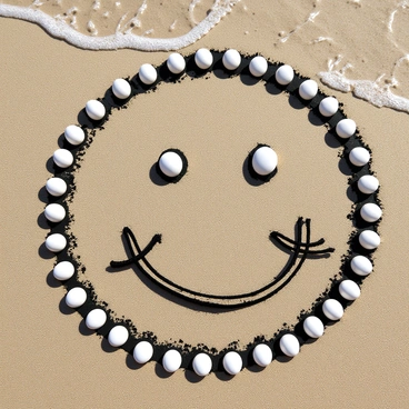 A smiley face drawn in the sand, featuring a circular outline made of small, smooth seashells. Two larger seashells are positioned for the eyes, and a curved line of seaweed forms the mouth. The background is a light brown sandy texture, with some gentle waves visible in the distance.