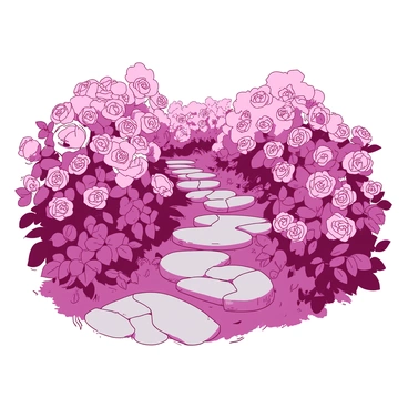 A pink English rose garden is in full bloom, with vibrant flowers covering every bush. The roses are rich in detail, showcasing various shades of pink from soft pastel to deep magenta. In the center of the garden, a winding stone pathway made of smooth gray stones leads through the lush greenery. The pathway is bordered by clusters of blooms on both sides, creating a lush and inviting scene. Delicate leaves flutter gently in the breeze around the roses, enhancing the tranquil atmosphere of the garden.