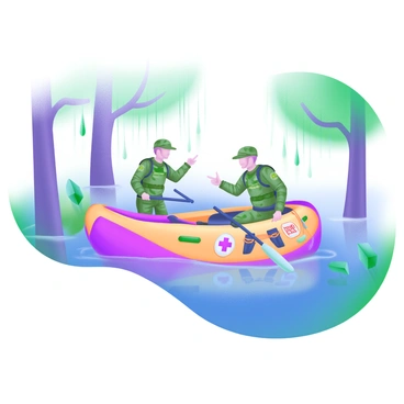 A scene depicting "soldiers using an emergency raft" to navigate through a flooded area. The soldiers are dressed in camouflage uniforms and are focused on steering the raft through the water. Surrounding them are tall trees partially submerged, with water reflecting the sky above. Raindrops can be seen splashing on the surface of the water. In the foreground, a soldier is pointing towards a direction, while another is holding a paddle. The raft is equipped with survival gear, including ropes and a first aid kit visible on the side.