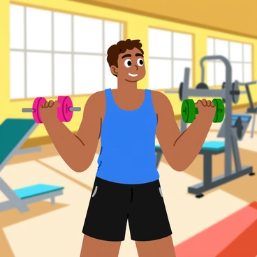 A teenager with short, tousled hair is in a gym setting, practicing bicep curls. The teenager is wearing a fitted blue tank top and black athletic shorts. They are lifting a pair of vibrant, colorful dumbbells, one pink and one green, with a focused expression. The gym is filled with various exercise equipment, including weight machines and mats. Bright sunlight streams in through large windows, illuminating the space and casting soft shadows on the wooden floor.
