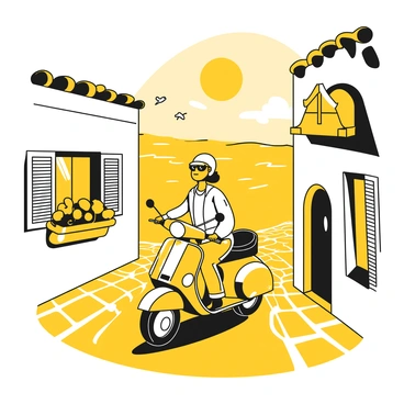 A moped rider enjoying a scenic ride through a quaint seaside village