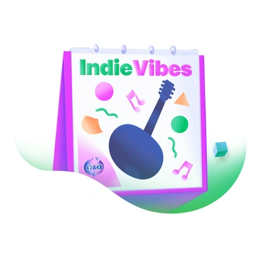 A modern pastel illustration featuring an album cover for an indie music band. The cover displays the band's name, "Indie Vibes," in bold, colorful letters at the top. Abstract shapes in various pastel colors, including circles, triangles, and wavy lines, are scattered across the background. A guitar silhouette is centered on the cover, surrounded by musical notes in different sizes. In the bottom corner, there is a small logo of the band, designed as a simple star.
