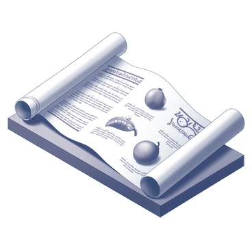 An ancient scroll displayed on a wooden surface. The scroll is partially unrolled, revealing detailed illustrations and text. The illustrations depict the "grusha fruit," showcasing its distinctive shape and texture. The accompanying text features elegant calligraphy with flowing letters, describing the fruit's characteristics and uses. The edges of the scroll are worn and frayed, indicating age, and there are subtle decorative patterns along the borders. The background is softly blurred to emphasize the scroll itself as the focal point of the image.