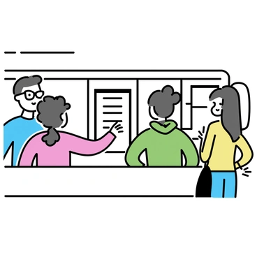 A group of four tourists inside an innovative tour bus, each engaged with interactive digital screens mounted on the walls. One tourist, a woman with curly hair wearing a red jacket, is touching the screen to access information. A man with glasses, dressed in a blue shirt, is leaning over to look at her screen. Two other tourists, a young man in a green hoodie and a woman with long straight hair in a yellow shirt, are standing by another screen, discussing the displayed information. The interior of the bus features sleek lines and modern design elements.