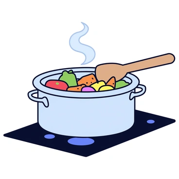 A large stainless steel pot sits on a black stove, with steam rising gently from its open lid. Colorful ingredients, including chopped green bell peppers, diced tomatoes, and thinly sliced carrots, are being added to the pot. A wooden spoon rests on the edge of the pot, and small droplets of water can be seen on the countertop nearby. The kitchen has a warm and inviting atmosphere, with soft lighting illuminating the scene.