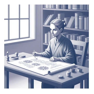 An ancient scholar is seated at a wooden table, focused on illustrating stories on a large parchment scroll. The scholar is dressed in traditional robes, and their hair is tied back, revealing a wise expression. The parchment scroll is unfurled before them, showcasing intricate designs and elegant script. Various tools such as quills and ink pots are scattered across the table. In the background, shelves filled with ancient books and scrolls create a scholarly atmosphere. The light from a nearby window casts shadows that enhance the detailed drawings on the scroll.