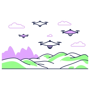 A squadron of drones is flying in precise formation above a vast desert landscape. The drones are sleek and modern, with a streamlined design that reflects their advanced technology. Below them, the desert features rolling sand dunes, their shapes and shadows accentuated by the sunlight. In the distance, there are occasional rocky outcrops rising from the flat terrain, creating a contrast against the smoothness of the sand. The sky above is expansive, with a few wispy clouds scattered across, adding depth to the scene.