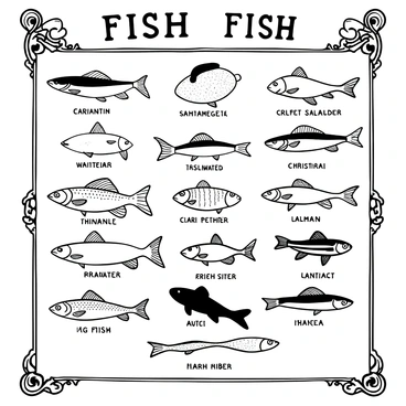 An antique educational chart depicting various fish species arranged in an organized manner. Each fish is illustrated with precise anatomical details and displayed in black and white. Detailed labels are positioned next to each species, providing scientific names and common names. The chart features a variety of fish types, including freshwater and saltwater species. Decorative borders frame the chart, enhancing its vintage appearance. The overall layout is reminiscent of historical scientific illustrations.