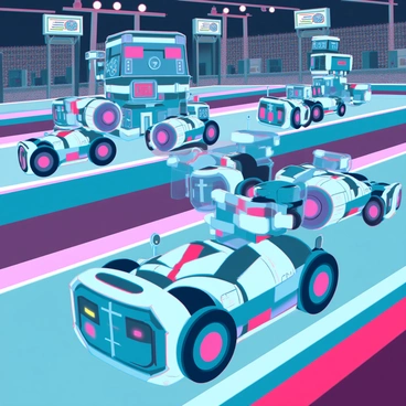 A league of small robots, each with unique designs and vibrant colors, is engaged in various tasks within a high-tech arena. The robots are equipped with advanced gadgets, wheels, and mechanical arms, showcasing their capabilities. The arena is filled with futuristic equipment, such as robotic arms and conveyor belts, creating a dynamic competition environment. Bright screens display real-time scores and progress, while spectators, made up of other robots and humans, cheer from the sidelines. The atmosphere is charged with excitement as the robots race against each other, solve puzzles, and complete challenges.