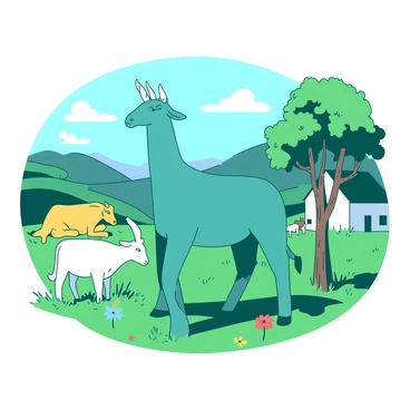 A teal Nandi is standing majestically in a peaceful rural landscape. Surrounding Nandi are several animals, including a white goat grazing nearby and a yellow cow resting under a shade tree. In the background, there are rolling hills and a small white farmhouse with smoke gently rising from its chimney. The sky is clear and blue, enhancing the tranquil atmosphere of the scene. A few colorful flowers are scattered throughout the green grass, adding a touch of vibrancy to the serene environment.