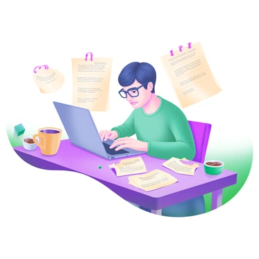 A scholar intensely focused on typing at a sleek laptop. The scholar has short hair and wears glasses, indicating deep concentration. Surrounding the scholar are scattered notes filled with annotations. Several coffee cups in various sizes are placed haphazardly on the table, some half-full, indicating long hours of work. The environment is a cozy study space, with warm light illuminating the scene.