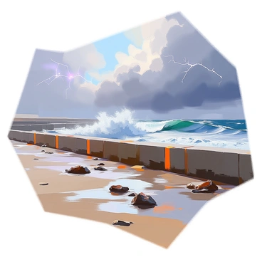 Concrete barriers line the edge of a stormy shoreline, providing a stark contrast against the turbulent waves crashing against them. The barriers are gray and weathered, showcasing the effects of salt and wind. In the background, dark clouds loom overhead, swirling ominously, while lightning flashes illuminate the scene intermittently. The sea is a deep, churning blue, with whitecaps forming as the waves swell and break. Rocks and debris are scattered along the beach, further emphasizing the raw power of nature in this coastal setting.