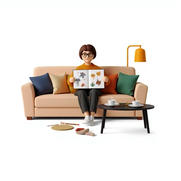 An illustrator with short brown hair and glasses is sitting on a cozy, light-colored couch. The couch is adorned with colorful cushions featuring various patterns. The illustrator is focused on drawing in a sketchbook, with playful characters like a smiling cat, a cheerful dog, and a whimsical bird visible on the pages. There is a warm lamp beside the couch casting soft light on the sketchbook, and a small coffee table in front of the illustrator holds a steaming cup of tea and a few colored pencils scattered around. The scene conveys a comfortable and creative atmosphere.