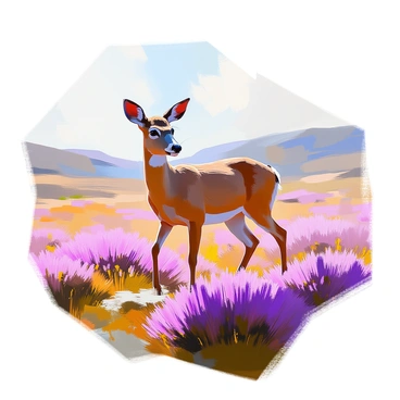 A roe deer with a sleek brown coat is gracefully moving through expansive fields of vibrant purple heather in a moorland setting. The heather blooms create a rich blanket of color across the landscape. The deer’s delicate posture and alert stance highlight its elegance as it navigates through the lush vegetation. In the background, low rolling hills are visible, partially shrouded in a soft mist, adding depth to the scene. The sunlight filters through the atmosphere, casting gentle shadows on the ground.