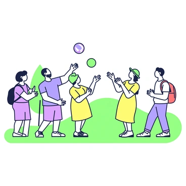 A group of five people is standing in a grassy field, engaged in tossing a ball. Each person takes turns sharing a fact about themselves as they pass the ball. One individual, wearing a blue t-shirt, is mid-laugh while throwing the ball towards another person who is wearing a green hat and smiling. A third person, dressed in a yellow dress, is clapping their hands excitedly. On the side, a person with a red backpack is listening attentively, and another individual, wearing denim shorts, is preparing to catch the ball. The background features scattered trees and a clear sky.