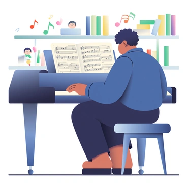 A composer with light brown skin and curly black hair is seated at a grand piano, deeply focused on creating a musical score. The piano, polished and black, has sheet music spread out in front of him, filled with notes and annotations. He is wearing a dark blue button-up shirt and black trousers. His fingers dance over the keys, producing a cascade of sound. Surrounding the piano, there are whimsical musical notes illustrated in vibrant colors, floating in the air as if visualizing the music. Behind him, there are shelves filled with music books and anime figurines, adding to the creative atmosphere of the room.