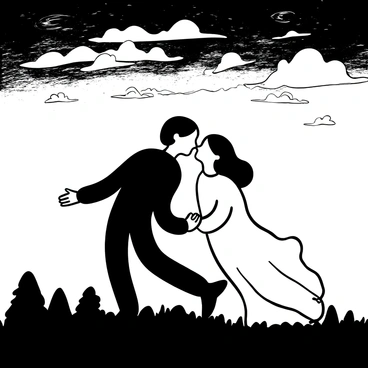 A living person and a ghostly figure leaning toward each other, their forms almost touching as they share a kiss. The living person is wearing a flowing garment that catches the gentle breeze. The ghostly figure is transparent and wispy, blending softly into the twilight sky filled with swirling clouds. The background features a blend of dark and light tones representing the transition from day to night. Silhouettes of distant trees can be seen on the horizon, adding depth to the scene.