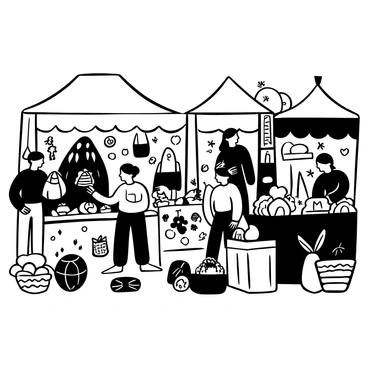 A linogravure depicting a bustling market scene. Various vendors are engaged in selling their goods, with tables filled with fruits, vegetables, and handcrafted items. Shoppers are browsing the stalls, holding bags filled with purchases. A few people are interacting, pointing at items and exchanging small talk. In the background, there are market tents providing some shade. Scattered among the vendors are decorative elements like hanging signs and baskets. The overall composition conveys a sense of activity and community.