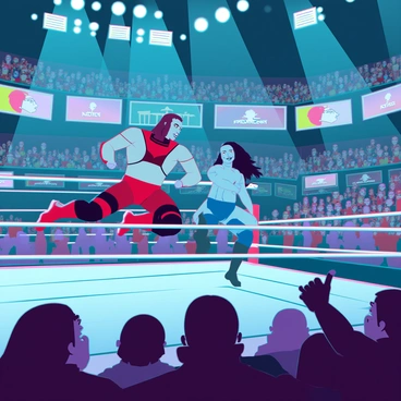 A crowded wrestling arena filled with excited fans, all with varied expressions of anticipation and enthusiasm. In the center of the ring, two professional wrestlers are mid-action, showcasing dramatic moves. One wrestler, with a muscular build and wearing a red and black outfit, is executing a high-flying leap off the ropes, capturing the attention of the audience. The second wrestler, dressed in blue and silver gear, is bracing for impact, eyes wide as he prepares to counter the move. Bright arena lights illuminate the scene, accentuating the intensity of the moment. Colorful banners and posters decorate the walls, further enhancing the electric atmosphere of the event.