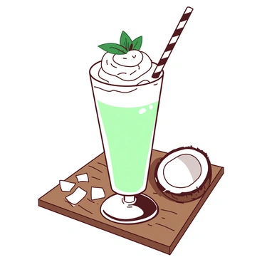 A tall glass filled with a frothy coconut milkshake sits on a wooden table. The milkshake is topped with a generous swirl of whipped cream and garnished with a sprig of mint. A colorful striped straw emerges from the glass, positioned at an angle. Beside the glass, there are scattered coconut flakes and a half coconut shell, adding to the tropical theme of the scene.