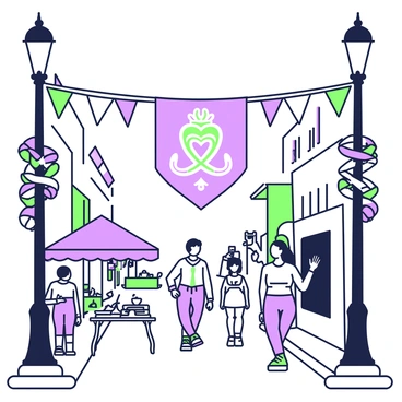 A festive banner featuring the "Claddagh" symbol is strung between two buildings along a street. The banner displays the "Claddagh" design prominently, showcasing the heart, crown, and two hands. Below the banner, there are colorful decorations adorning the streetlamps, and small flags fluttering in the breeze. People walk along the street, some smiling and chatting, while a few are taking photographs of the festive atmosphere. Tables with traditional foods are set up nearby, enhancing the cultural festival vibe.