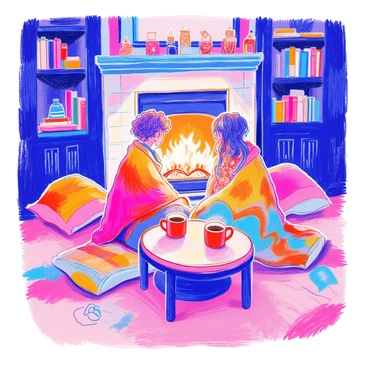A cozy scene by a fireplace features two people wrapped in a large, colorful blanket. One person has short, curly hair and is wearing a knitted sweater, while the other has long hair and is dressed in a flannel shirt. They are sitting on a plush rug, surrounded by soft pillows. The fireplace is crackling with warm flames, casting a gentle glow around the room. A small wooden coffee table is in front of them, holding two steaming mugs. The walls are adorned with bookshelves filled with various books and a few decorative items.