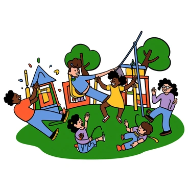 A group of children with diverse skin tones are playing joyfully in a vibrant schoolyard during recess. Two boys are engaged in a game of tag, one with short black hair and wearing a red t-shirt, and the other with curly brown hair dressed in a blue shirt. Nearby, a girl with long black hair and pigtails is swinging on a swing set, wearing a yellow dress. Another girl with curly hair is jumping rope, wearing a purple shirt and denim shorts, while a boy with glasses is sitting on the grass, drawing with colored chalk. Laughter and excitement fill the air as they enjoy their time together, surrounded by colorful playground equipment and trees in the background.