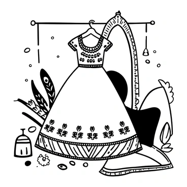 A detailed lehenga with intricate embroidery and embellishments displayed on a hanger. The lehenga features a flared silhouette, adorned with ornate patterns that resemble royal motifs. Surrounding the lehenga are various decorative elements such as peacock feathers, delicate jewels, and an elaborate dupatta draped elegantly nearby. The setting includes a velvet cushion and a gilded mirror in the background, adding to the luxurious atmosphere.